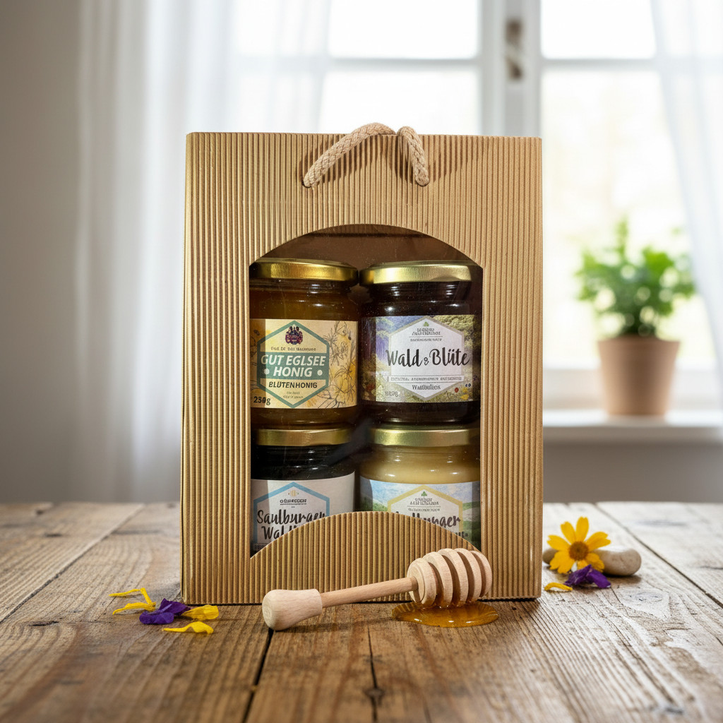 Honig-Geschenkset mit vier Gläsern und Holzlöffel