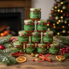 Weihnachtshonig im Glas mit personalisiertem Etikett