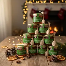 Weihnachtshonig mit Holzlöffel als Geschenk