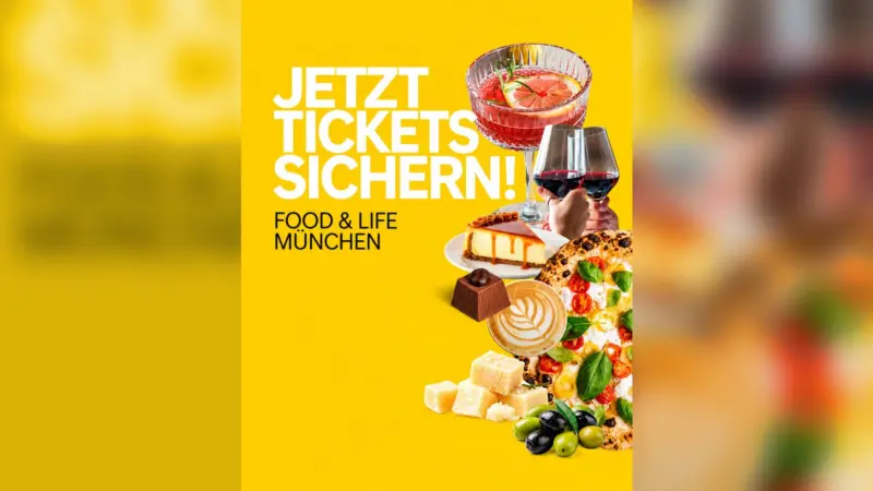 Motiv der Genussmesse FOOD & LIFE München mit Cocktail, Kuchen und Pizza