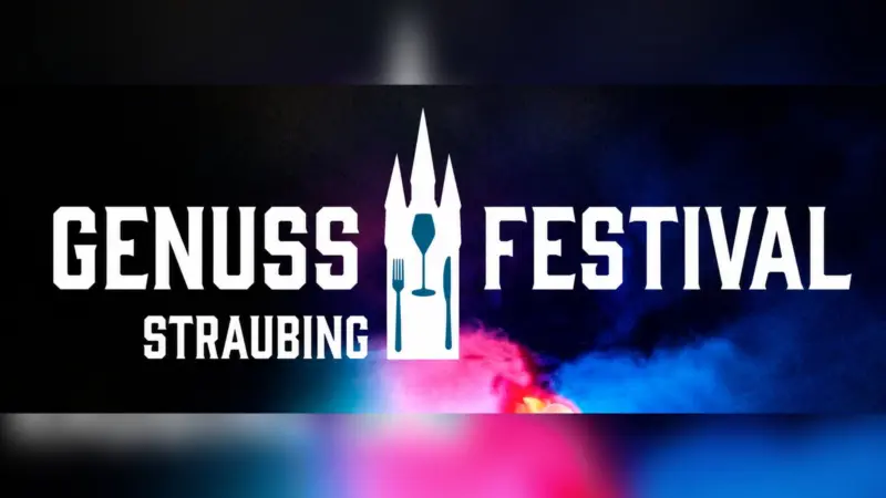 Logo des Genussfestivals Straubing mit Stadtturm, Gabel und Weinglas